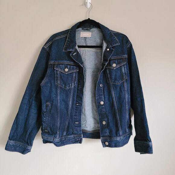 EVERLANE 'The Denim Jacket' in Dark Wash Cotton Women's Size Large/Xlarge - Picture 2 of 9